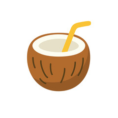 Flat style illustration of a coconut with a straw Minimalistic design tropical fruit concept isolated on white background