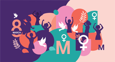 Naklejka premium International Women's Day celebrating female empowerment and solidarity women power feminism march doves abstract vector
