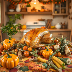 Mesa de Cosecha Otoñal con Pavo Tradicional Asado