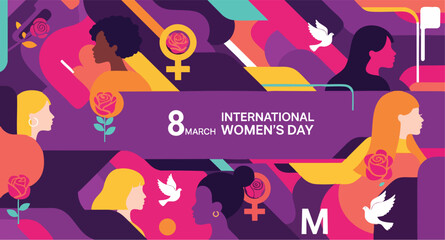 Obraz premium Global women's day diverse female profiles vector art international empowerment equality feminism