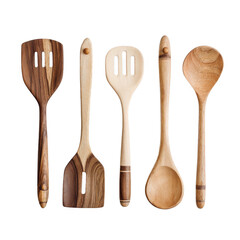 Collection of five wooden kitchen utensils arranged on a transparent background