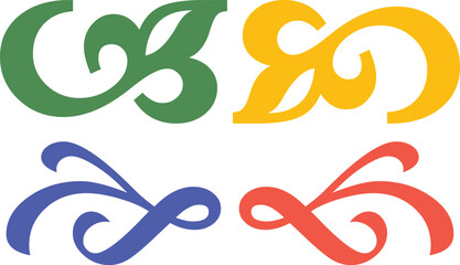 Colorful Decorative Flourish Icon Set - Ornamental Swashes and Vintage Calligraphic Elements in Red, Blue, Green, and Yellow for Typography, Invitations, Logos, and Graphic Design