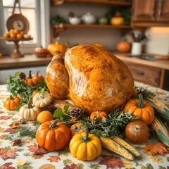 Banquete de Acción de Gracias con Pavo Asado y Vegetales de Otoño