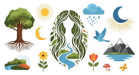 mother nature Abstract Mother Earth natural elements collection vector illustration ecology environment planet conservation symbols flat cartoon graphic tree sun moon bird butterfly flower