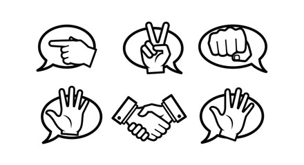 Fototapeta premium Hand gestures and communication signs concept depicted through a set of black and white line art icons inside speech bubbles