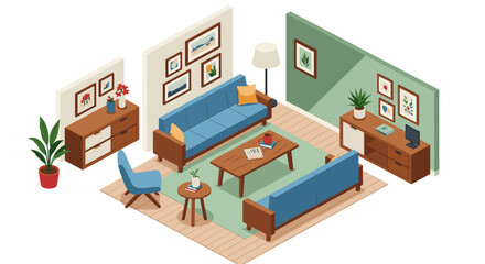 Cozy isometric living room with modern furniture and decor elements