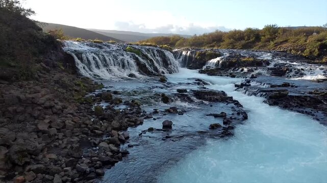 Drone Aerial Overview Br&uacute;arfoss Waterfall and River in Iceland