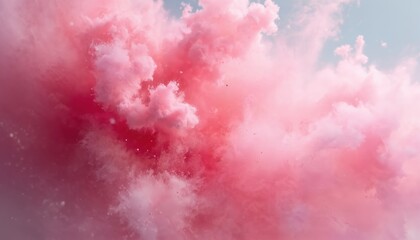 Fototapeta premium Abstract illustration features vibrant pink powder exploding in cloud-like formations against soft, pale blue sky. Wispy textures, fine particles create dynamic, grunge-inspired background perfect