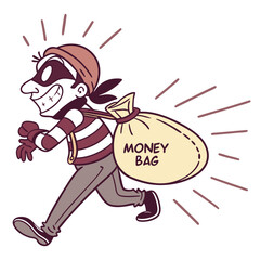 Cartoon thief wearing a mask and striped shirt running with a large sack of money