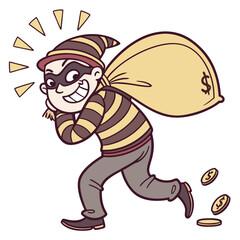 Naklejka premium Cartoon thief wearing a striped shirt and mask happily running away with a large money bag and dropping coins