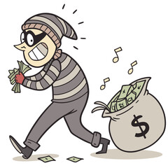 Cartoon thief wearing a striped shirt and mask joyfully running with a bag full of money