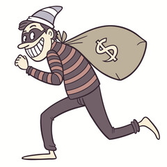 Cartoon thief wearing a striped shirt and mask running with a bag of money over his shoulder