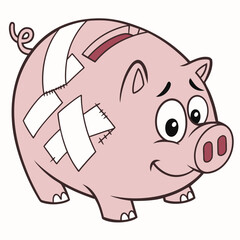Cute cartoon piggy bank with bandages and stitches looking sad but hopeful for financial recovery