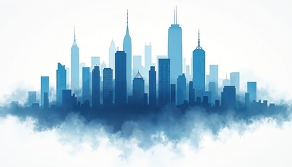 Fototapeta premium Blue cityscape silhouettes of tall skyscrapers in modern urban skyline. Gradient tones create clean design on white background. Illustration represents city life, business districts, architectural