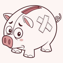 Cute cartoon piggy bank with sad eyes and bandages showing financial hardship or debt