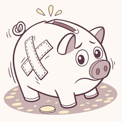 Sad and injured piggy bank with bandages and a single coin representing financial hardship and saving struggles