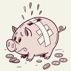 Sad and injured piggy bank with bandages and scattered coins representing financial hardship and debt