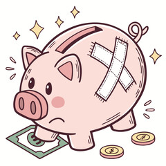 Sad and injured piggy bank with bandages on its body and a single dollar bill and coins nearby