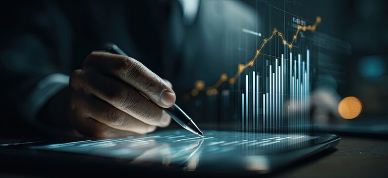 Businessperson using a tablet, overlayed with financial charts