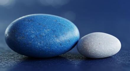 Two abstract spheres, one blue and one white. Macro view of textured round objects. Idea of planets, pebbles, or candy.