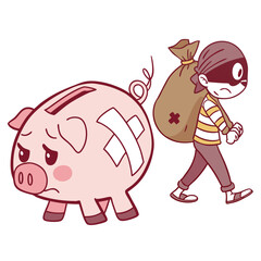 Sad bandaged piggy bank left behind as thief escapes with stolen money bag
