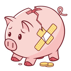 Sad cartoon piggy bank with a large crack on top and band aids covering the damage