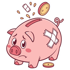Sad cartoon piggy bank with bandages and coins falling into slot and around it