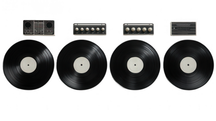Four vintage vinyl records and audio equipment on a transparent background