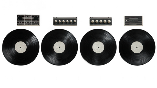 Four vintage vinyl records and audio equipment on a transparent background