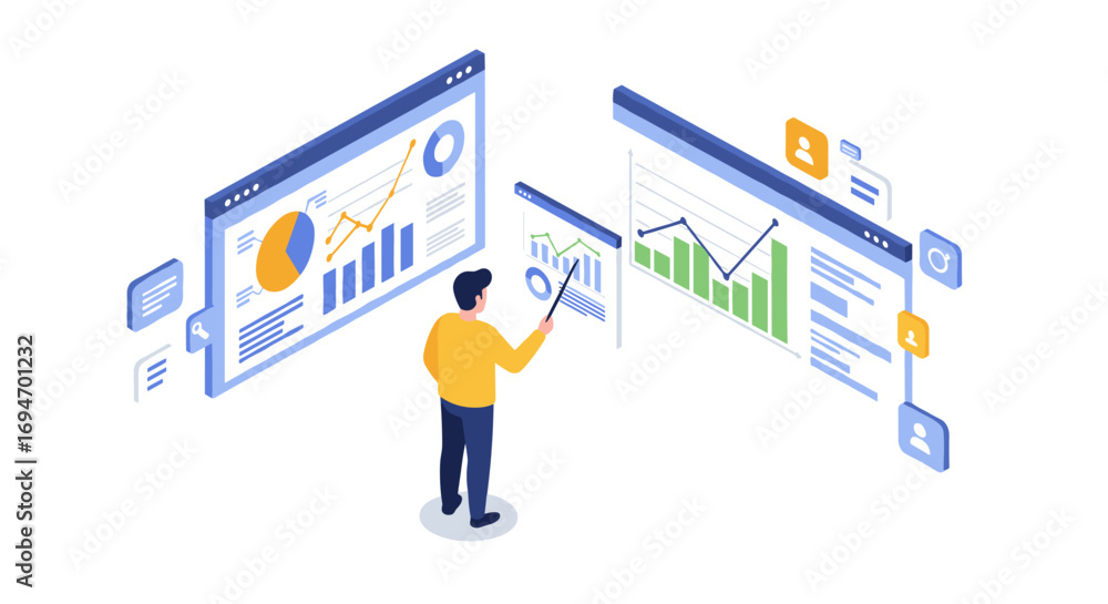 Poster isometric business analytics with interactive data visualizations and graphs