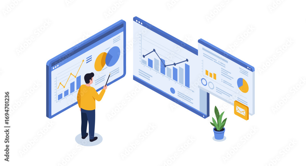 Aufkleber isometric business analytics with interactive charts and graphs for data visualization