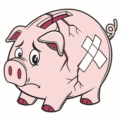 Sad cracked piggy bank with bandages showing financial trouble and money problems