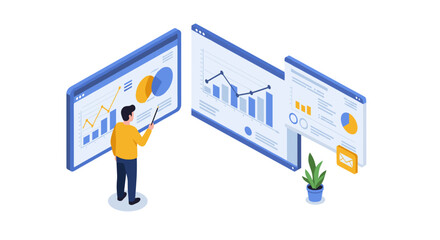 Isometric business analytics with interactive charts and graphs for data visualization