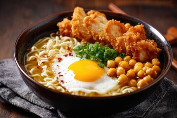 Bowl of ramen with fried chicken, egg, and chickpeas