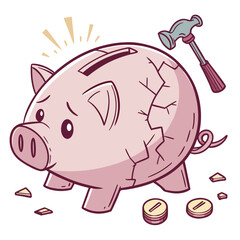 Sad pink piggy bank cracked and broken with hammer and scattered coins symbolizing financial ruin