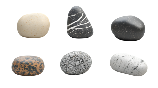 Collection of six distinct smooth natural stones showcasing diverse textures and patterns for design projects, Isolated on white background
