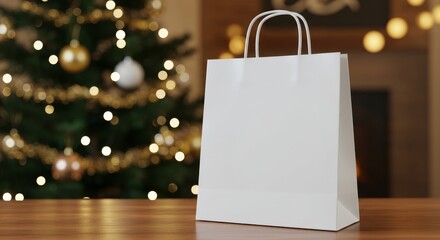 White shopping paper bag mockup stands on wooden table. Christmas holiday present. Seasonal retail gift concept celebration.