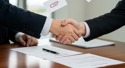 Professional handshake over documents and pen on a polished desk, trustworthy business image symbolizing partnership, contracts, and onboarding with clear negative space for corporate communications.