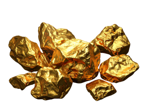 Cluster of Raw Gold Nuggets, Lustrous Metallic Texture, 3D Render, Isolated.