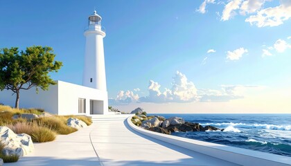 A pristine white lighthouse stands sentinel over a coastal walkway, framed by a serene ocean vista and lush vegetation.