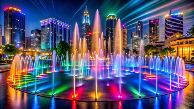 City fountain at night with skyline and lights reflecting on the water - Powered by Adobe