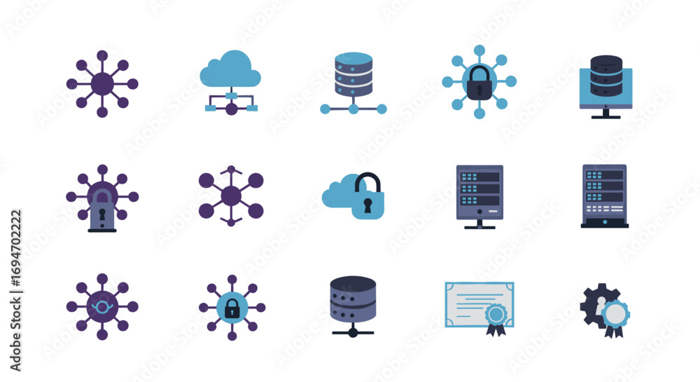 Poster cybersecurity and cloud technology icon set: flat style with network and data symbols