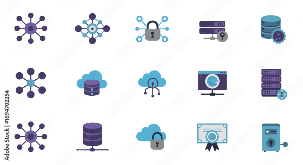 Poster collection of flat network and cloud computing icons for digital security