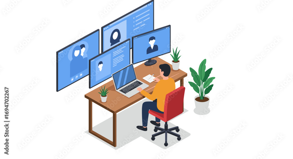 Poster remote work setup with multiple monitors and video call in modern home office