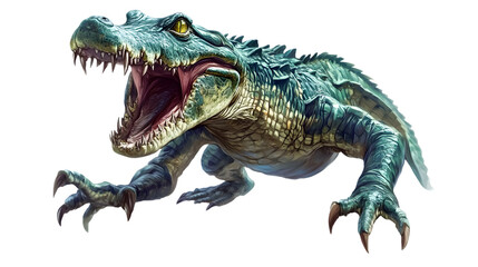 Fierce alligator lunges forward with mouth wide open, showing sharp teeth and powerful claws, Isolated on white background