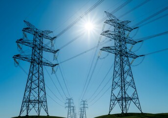 HighVoltage Power Lines, Electricity Transmission Pylons, Energy Infrastructure Against Blue Sky, Sun, Power Grids, Energy