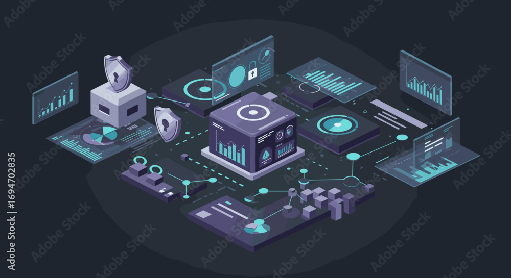 Poster futuristic data network isometric design with 3d analytics and security elements