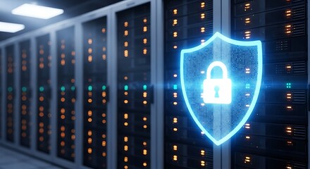 Data security concept featuring server racks with a glowing shield and padlock, symbolizing protection and cybersecurity in a modern data center environment