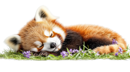 Red Panda Sleeping with Flowers on Grass on transparent background
