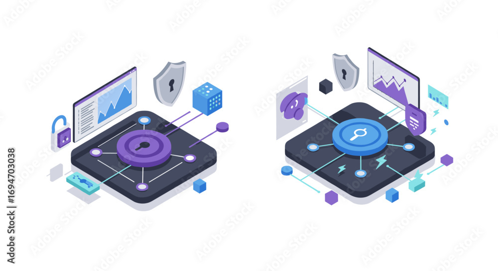Poster isometric cybersecurity data hub with shield, analytics and lock elements